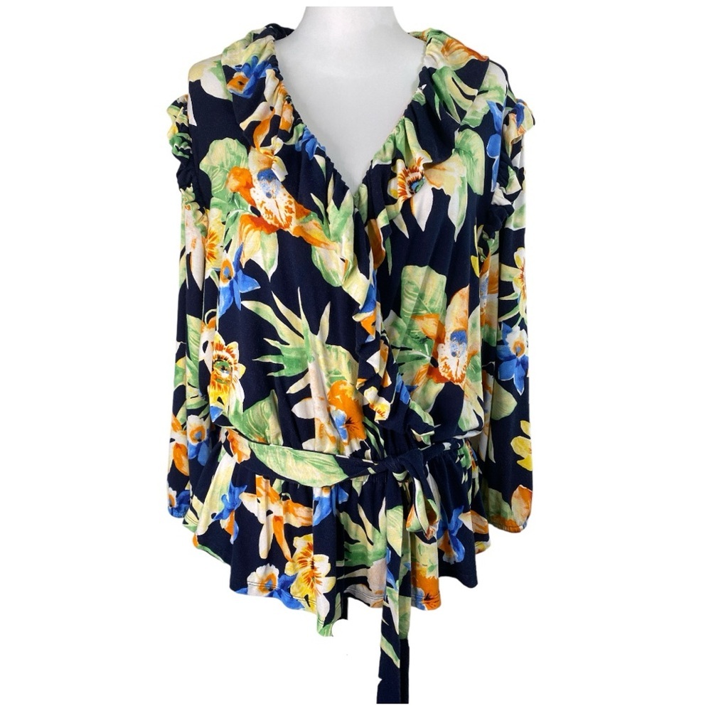 Lauren Ralph Lauren Tropical Floral Jersey Knit Belted Top Plus Size XXL